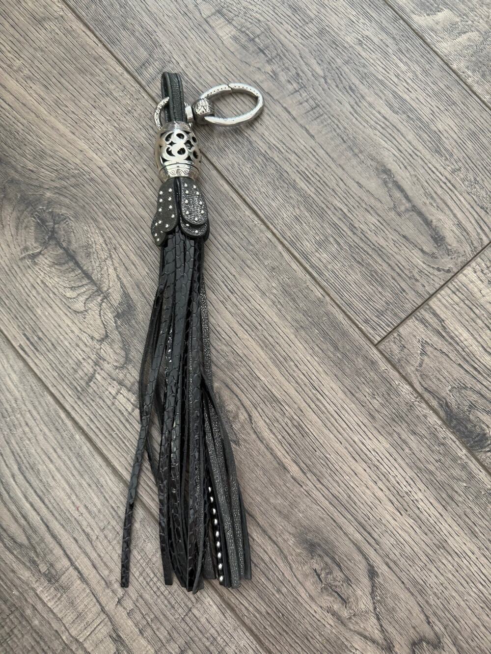 Key Chain Black Embossed Leather Braided Tasseled Silver-Tone Metal Turtle Charm